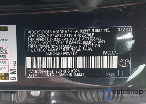 2021 Toyota C-Hr Le from USA, damaged, VIN NMTKHMBX1MR128333